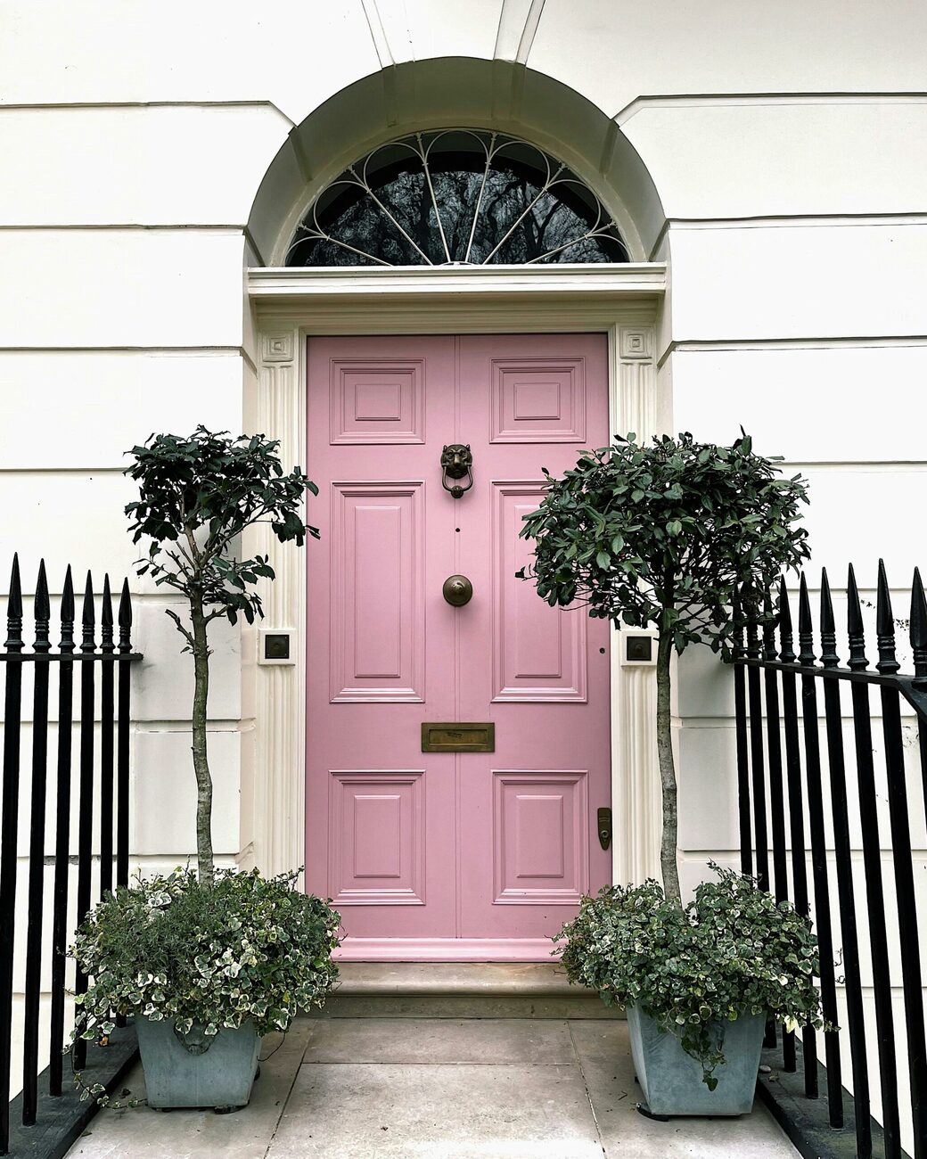 Pink composite front door with glass panel