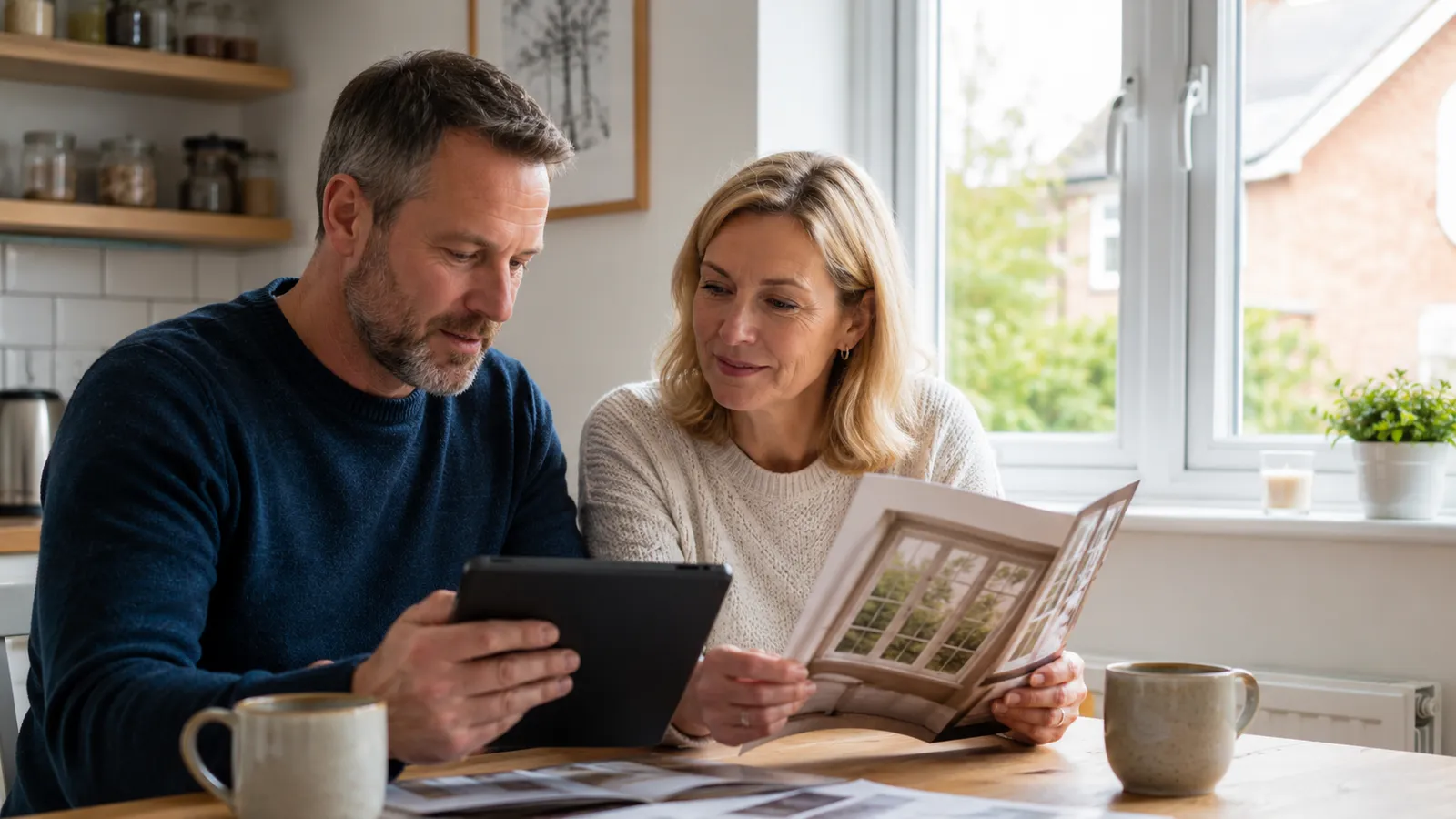 UK homeowner researching double glazing costs and comparing window quotes at home
